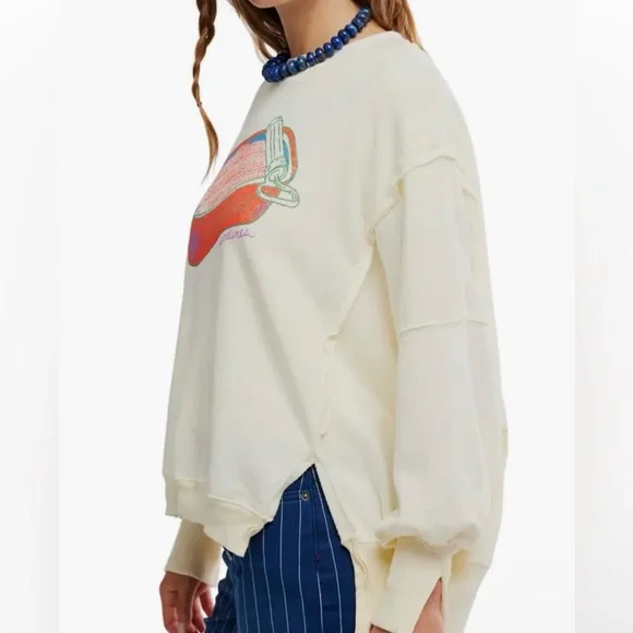 Free People Camden graphic sardine sweatshirt cream white sweater top - Picture 4 of 6